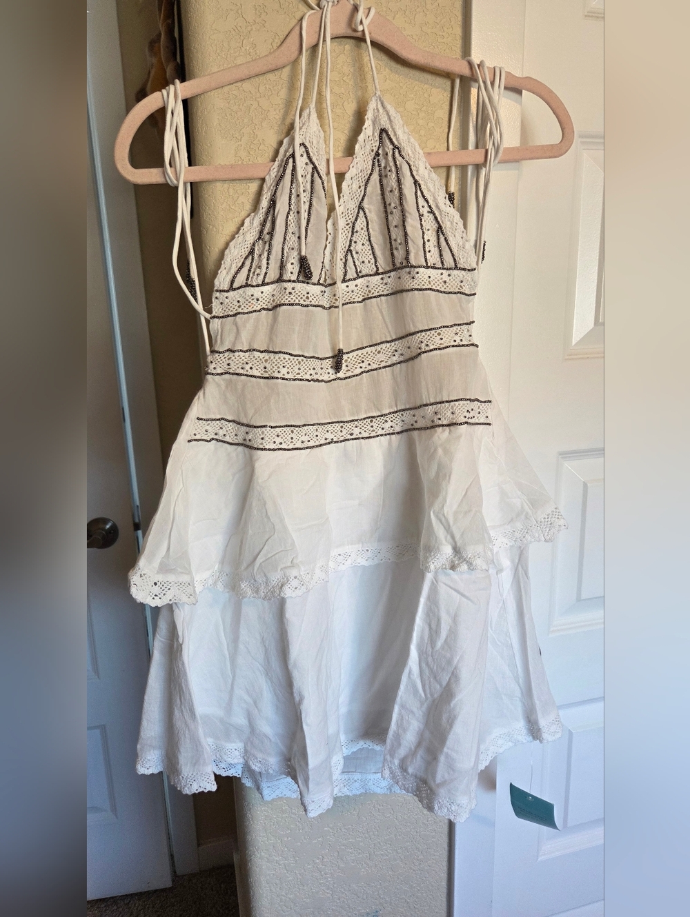 Nasty Gal White Eyelet Beaded  Tiered Mini Dress